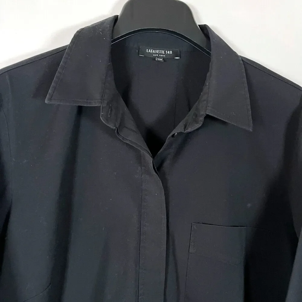 Lafayette 148 Button Up Tunic Shirt 16W Hidden Buttons Double Cuff Black Relaxed - Picture 2 of 9